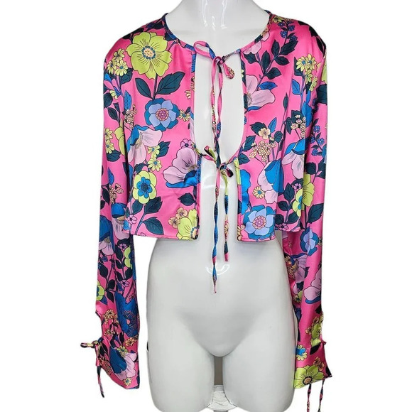 Zara Womens Tie Front Floral Neon Long Sleeve Top Size Small - Picture 1 of 7